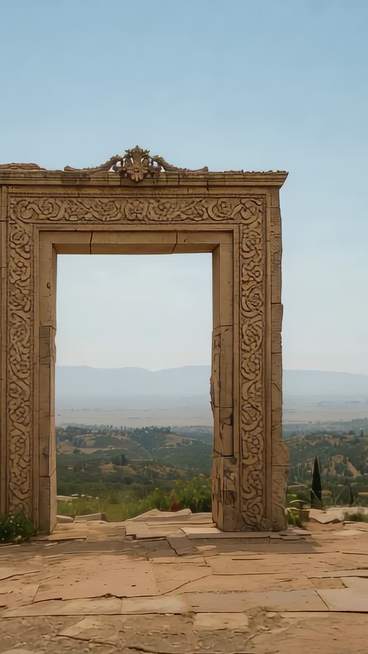 Video verticale: inquadratura con camera mobile che inquadra un portone decorato per presentare la vista sulla valle da una terrazza con lastre di pietra