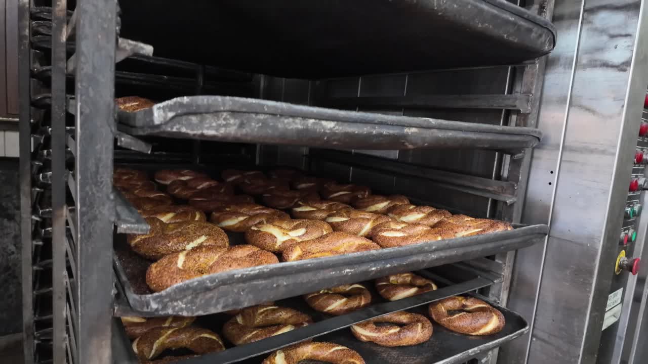 Simit bagels baking in an oven