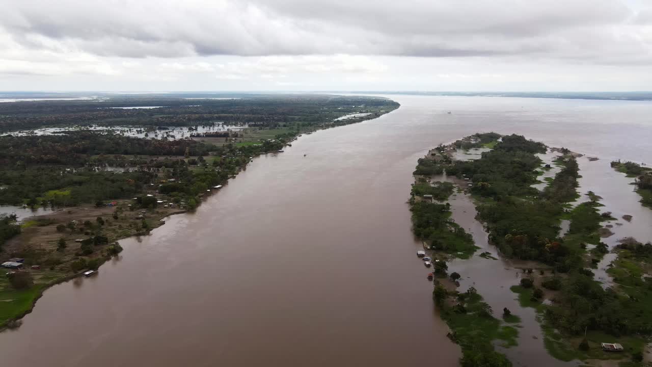 Aerial panoramic fly Amazon River, Amazonian Rain Forest in Manaus Brazil landscape