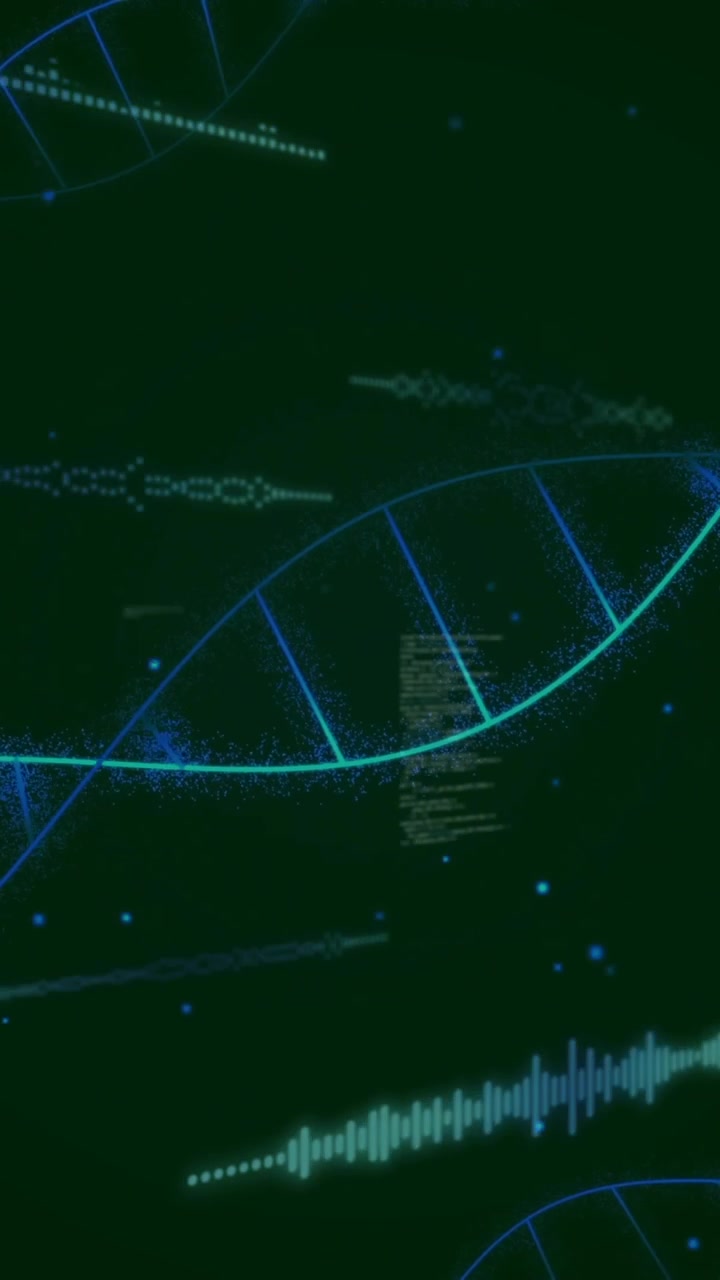 Animation of data processing over dna strand on black background