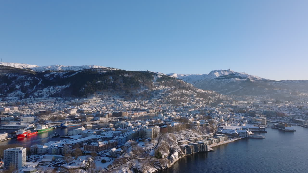 Aerial shot of Bergen, Norway at winter with snowy mountains and Bryggen visible