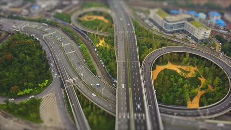 wuhan cityscape day time traffic road junction aerial panorama 4k tilt shift china