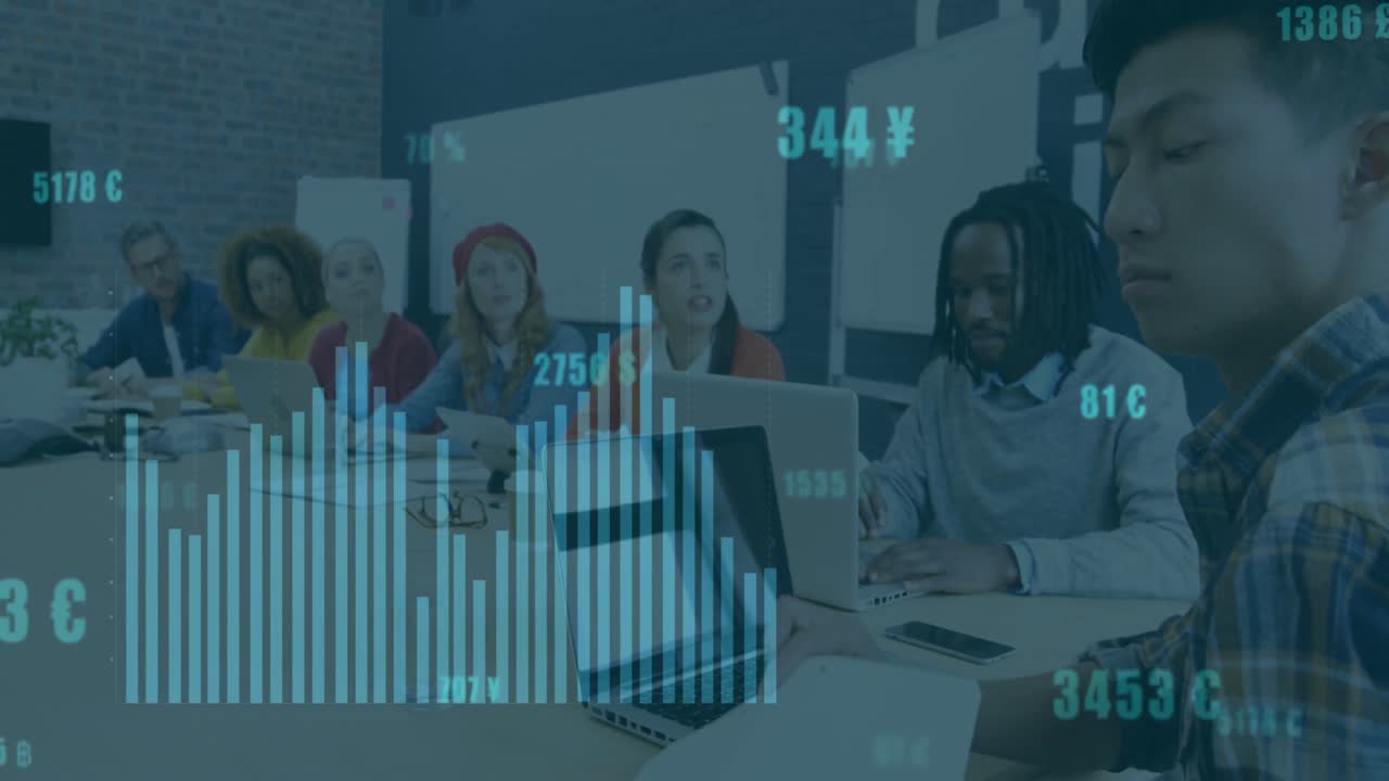 Animation of financial data processing over diverse business people in office