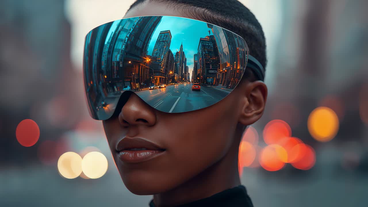 Modeling woman in high-collar top on city street for portrait, visor reflecting passing cars