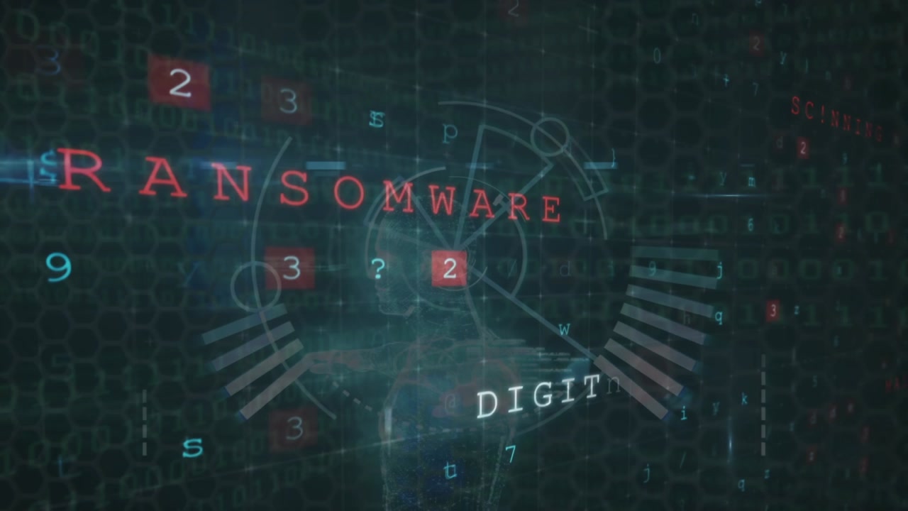 Animation of cyber attack warning over data processing and scope scanning on black background
