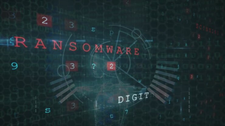 Animation of cyber attack warning over data processing and scope scanning on black background