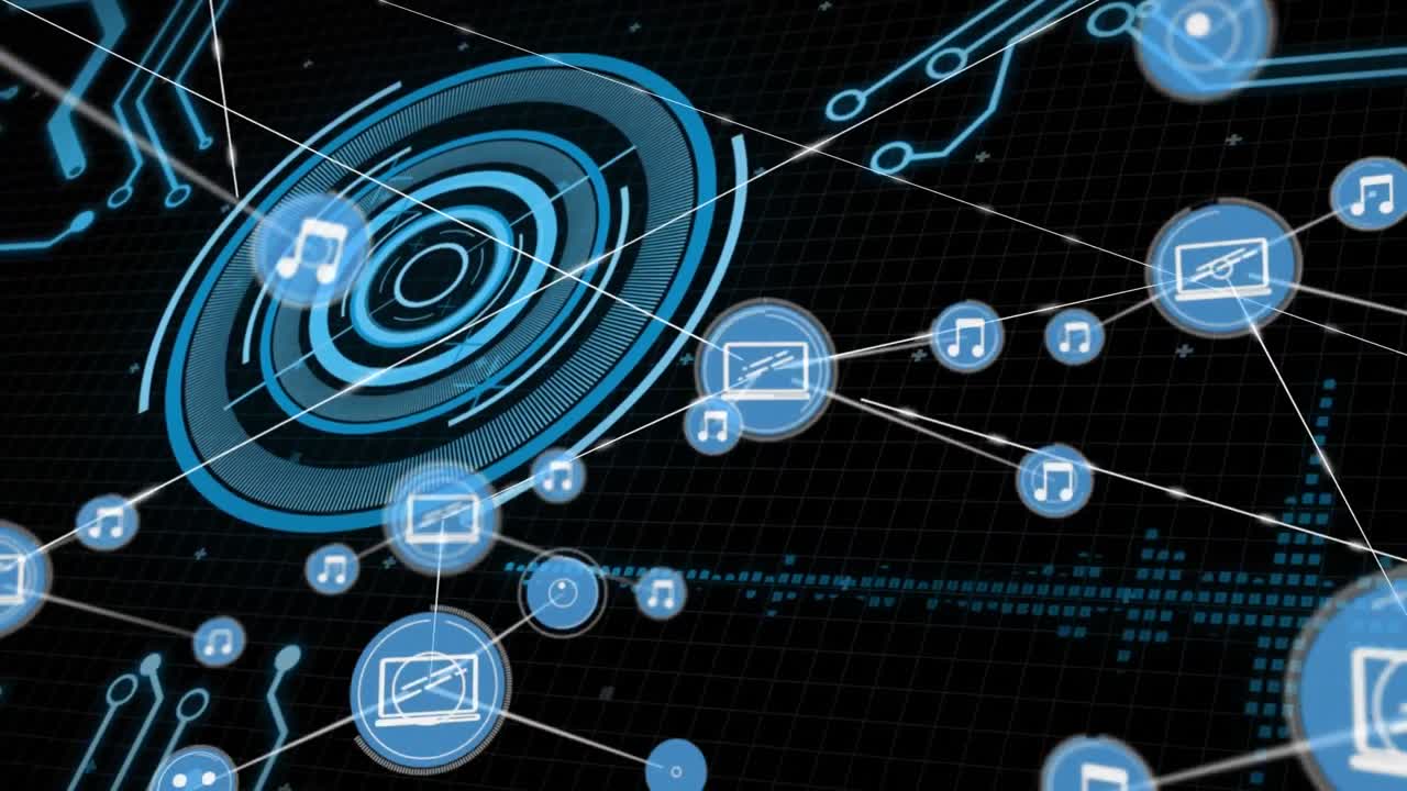 Animation of network of connections with icons over data processing