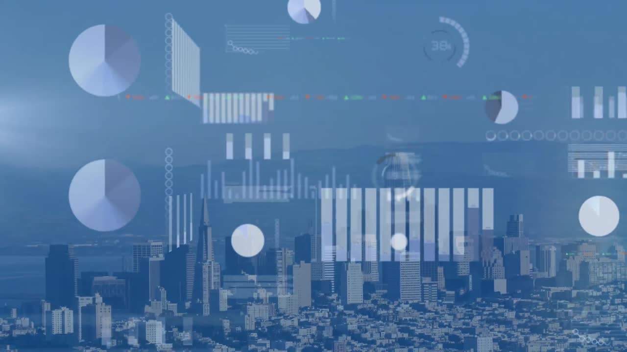 Animation of multiple graphs and data over aerial view of modern city against mountains