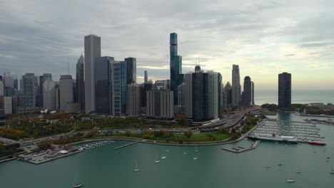 aerial view around the lakefront of the new eastside, fall evening in chicago