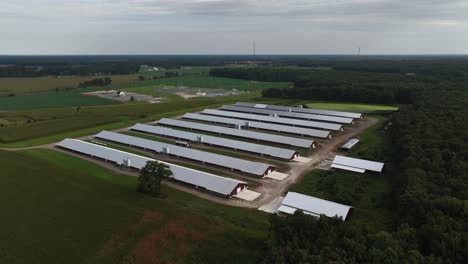 An-aerial-view-of-eight-parallel-farm-buildings-with-metal-roofs