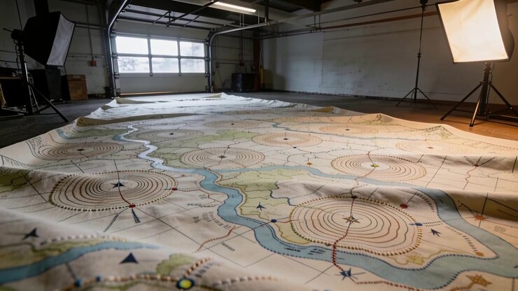 Pulling back camera revealing large printed map on garage floor, with studio lights for inspection