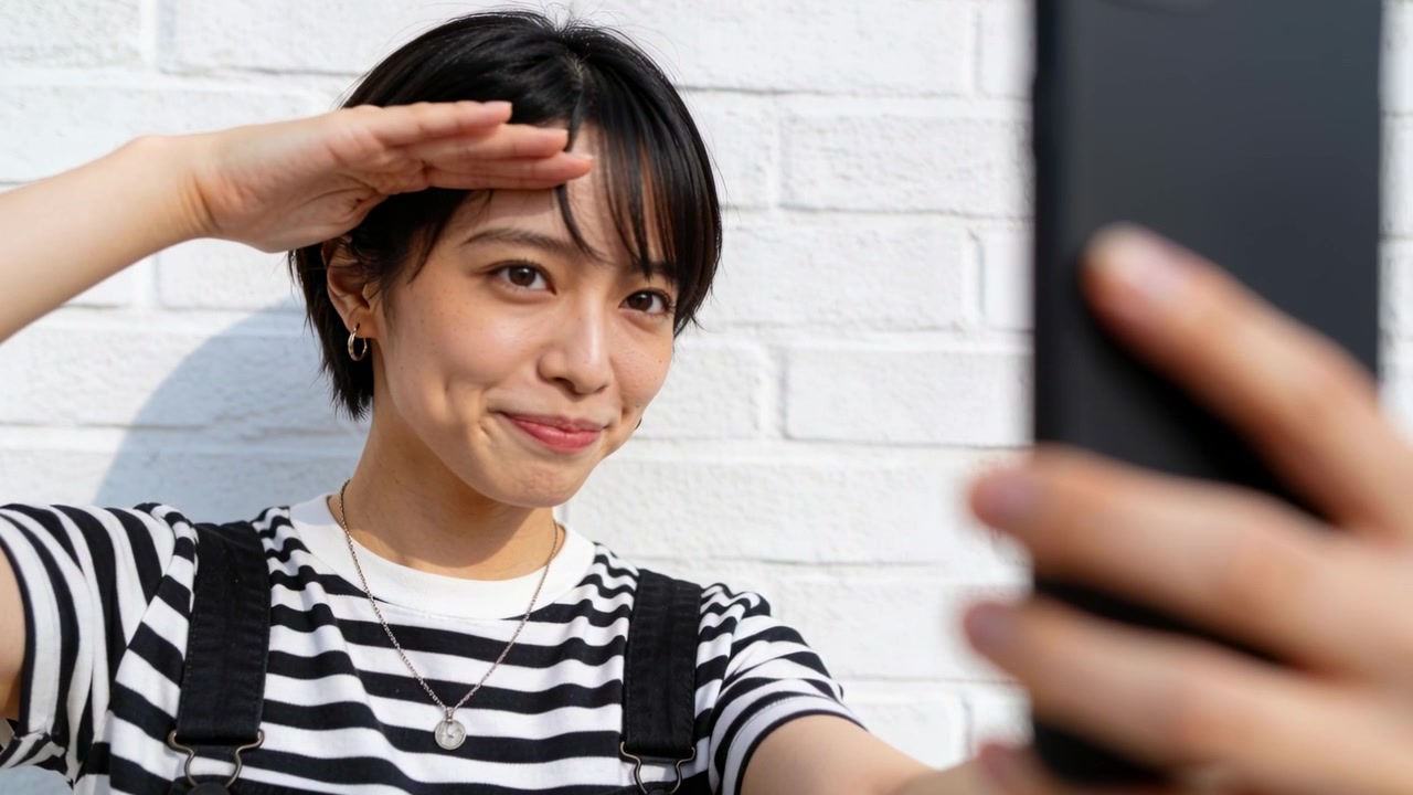 白い壁の外で、ポーズをとるアジア人女性が携帯電話で撮影している。日差しを遮るように目を覆い、髪を整え、ストライプ柄の服を着ている。