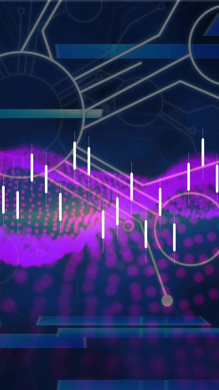Animation of financial data processing and network of connections over spots on black background