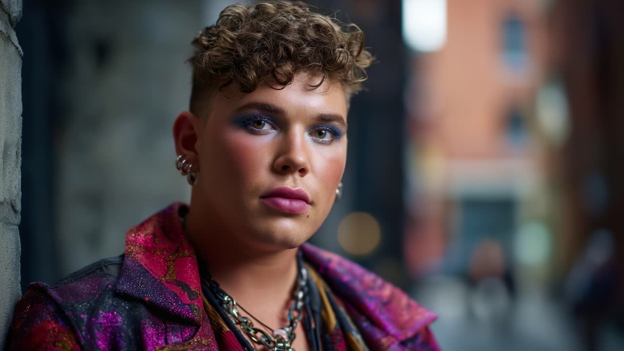 Ritratto vivace di una persona elegante con trucco audace e accessori distintivi, catturato in un ambiente urbano colorato