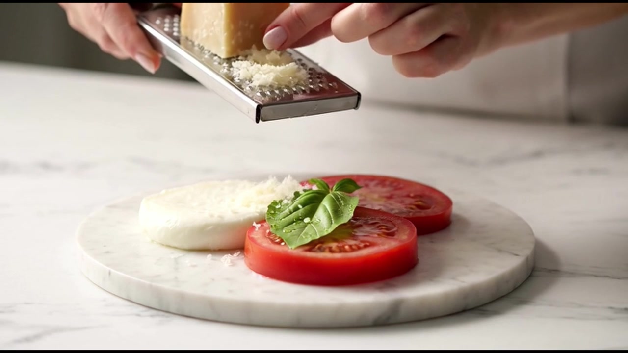 Kokk river parmesanost over tomat- og mozzarellasalat