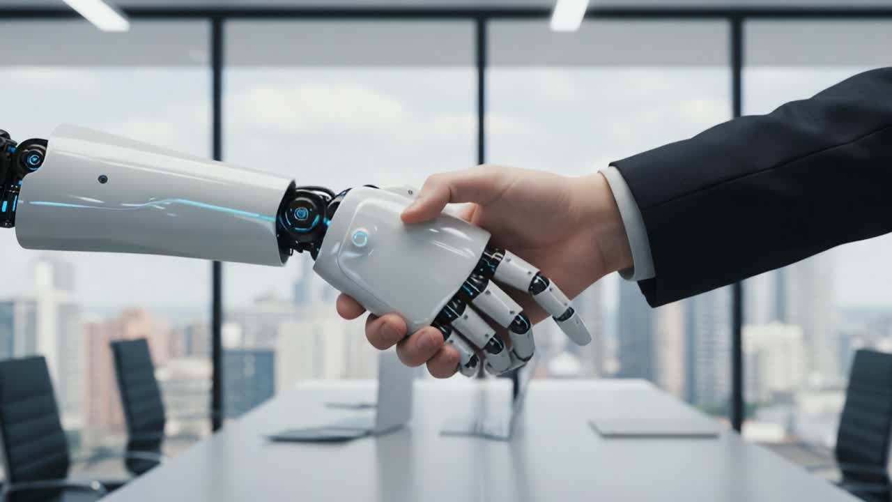 A Futuristic Collaboration: A Human and Robot Handshake Symbolizing Innovation and Partnership in the Modern Workplace Setting
