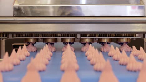 cakes on automatic conveyor belt , process of baking in confectionery factory.