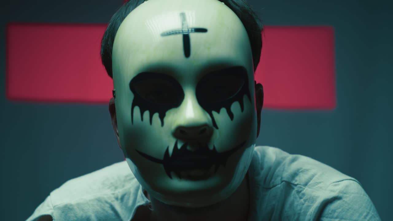 Monster Person With Scary Mask On Halloween Night