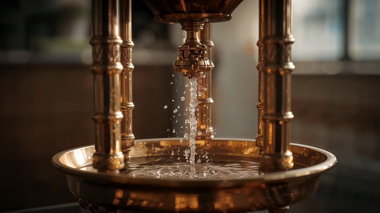 Nozzle opening ornate brass fountain releasing water into basin in warm interior, forming ripples