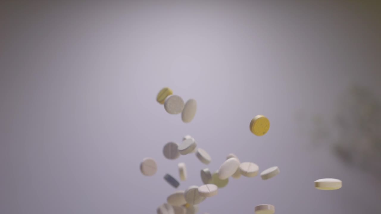 toma en cámara lenta de píldoras médicas de suplementos de colores que vuelan en el aire