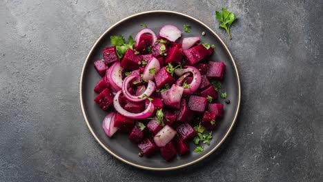 ensalada de remolacha y cebolla fresca con guarnición de perejil en un cuenco
