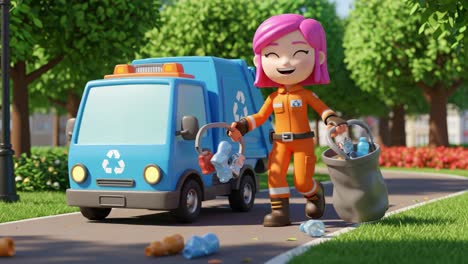 cheerful animated character collects recyclables in a vibrant park scene, showcasing dedication to environmental cleanliness with a recycling truck