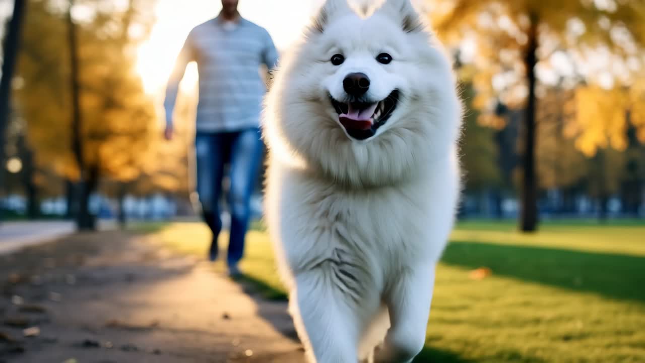 Un gioioso cane Samoiedo corre verso la fotocamera in un parco, con una persona sullo sfondo