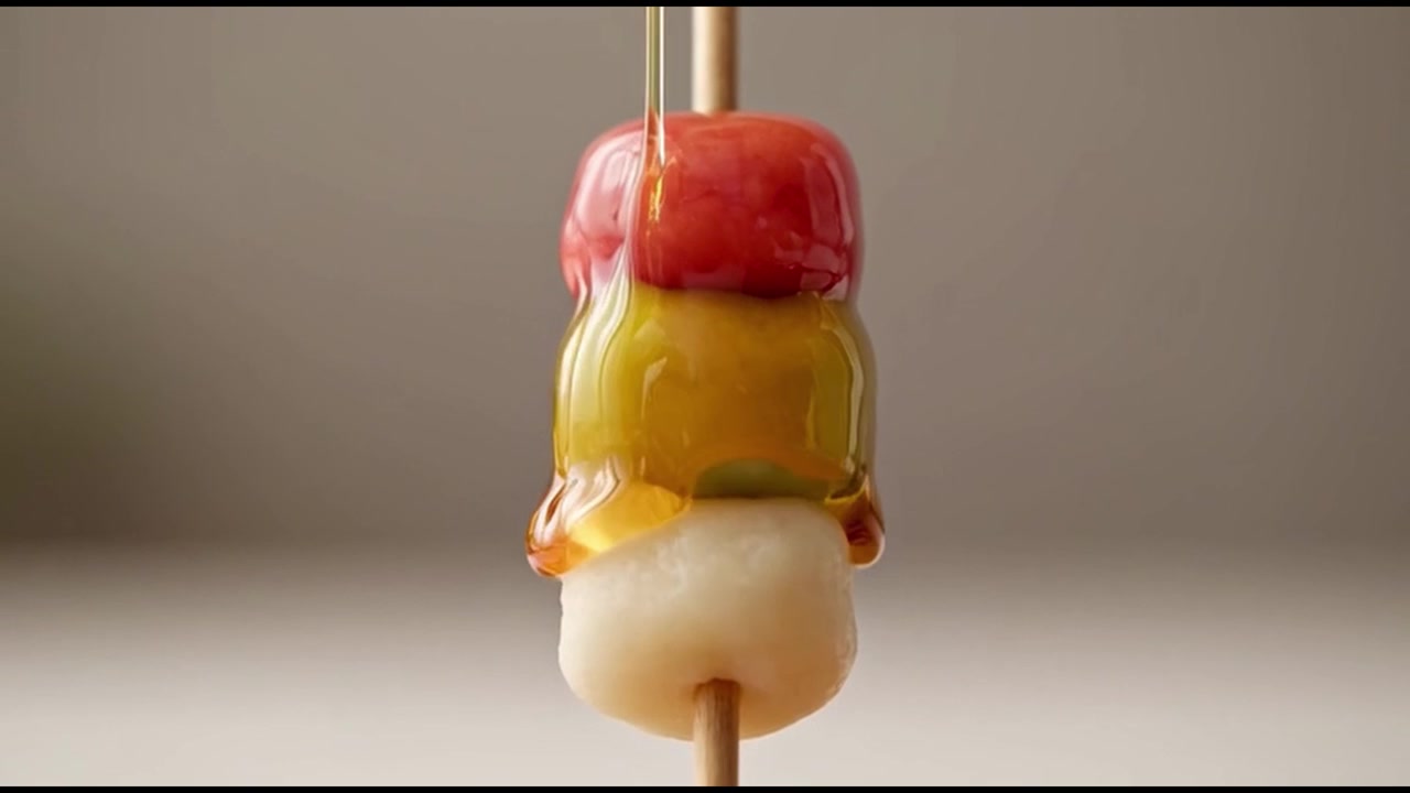 Miele che cola su uno spiedino di dango giapponese colorato