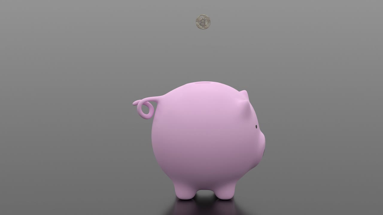 animación de renderizado 3d de bitcoin criptomoneda depositado en una alcancía rosa con fugas