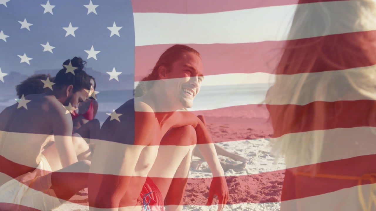 Relaxing on beach, people smiling with American flag overlay animation