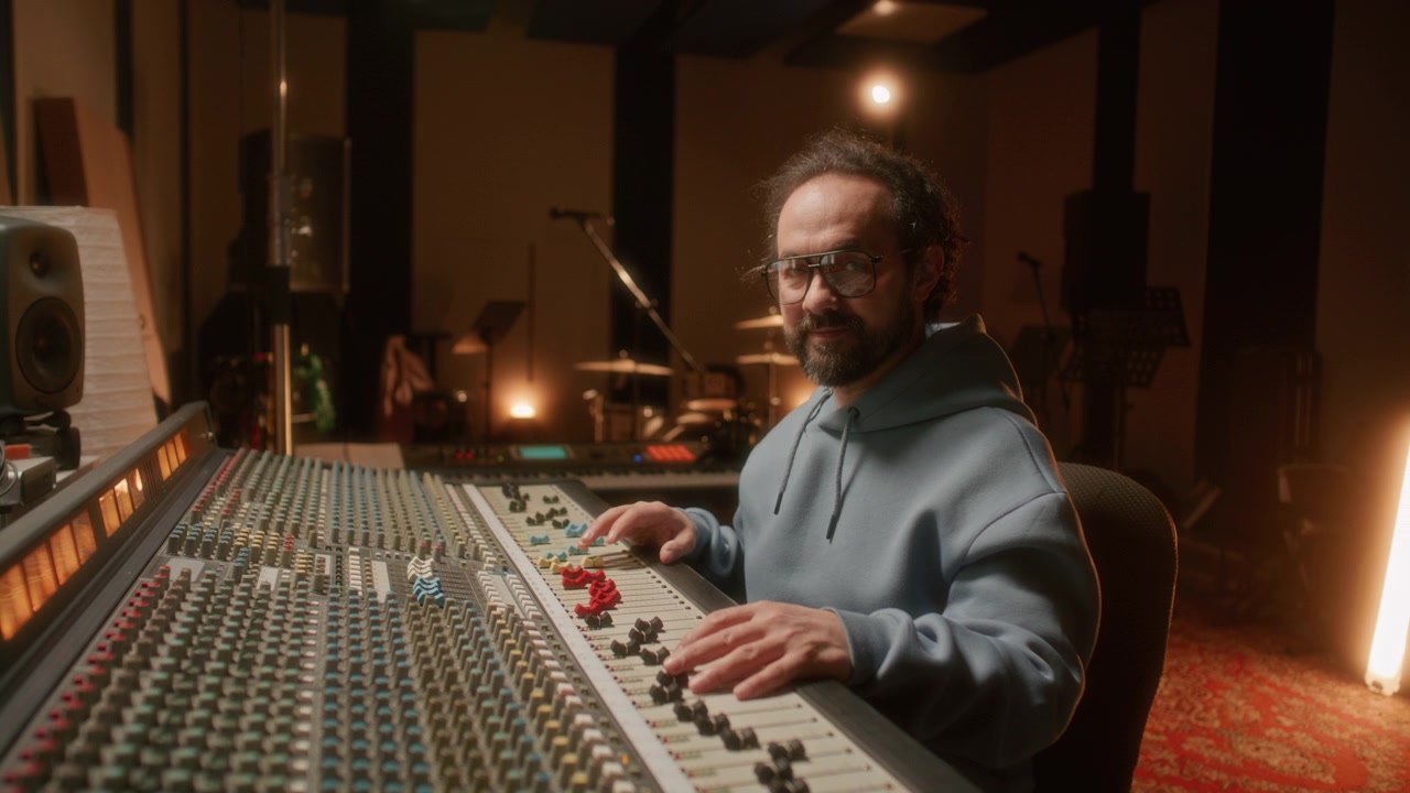 Portrait of Music Producer Working at Mixing Desk in Recording Studio