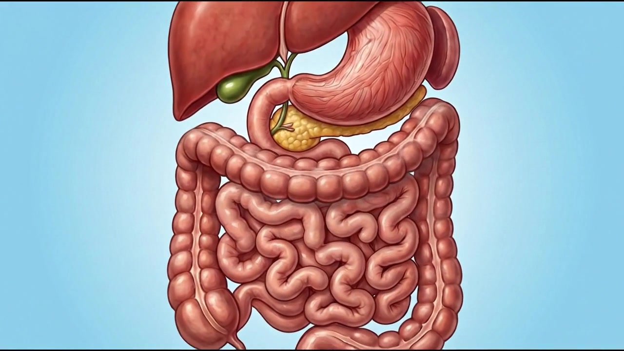 Isolated digestive system illustration with liver stomach pancreas and intestines