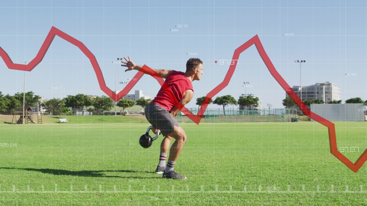 Man starting squat rising hinging swinging KB for fitness with red line moving behind-ahead-of-man