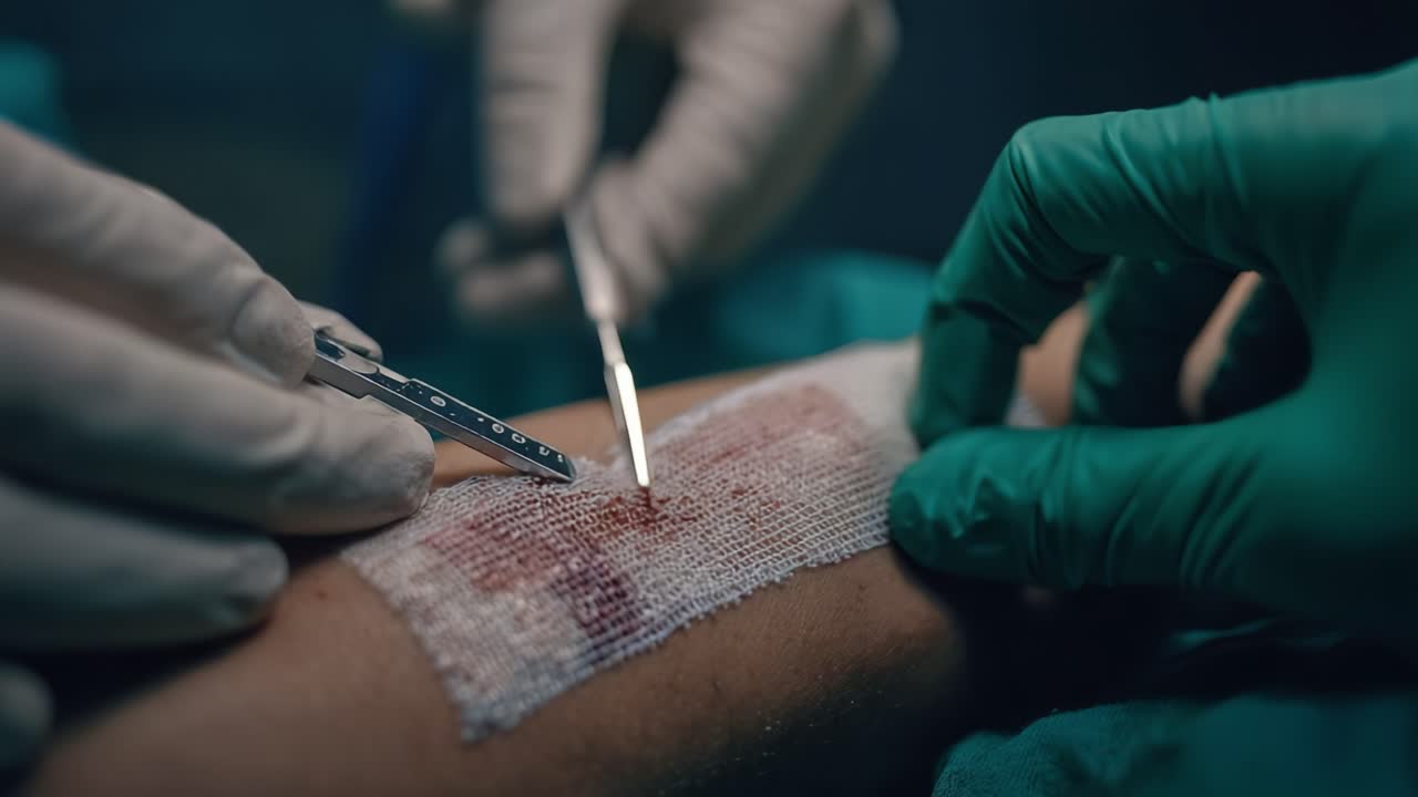 Procedura medica che mostra il trattamento accurato di un braccio ferito, con particolare attenzione alla chiusura della ferita e alla gestione del sangue, evidenziando la precisione chirurgica e l'attenzione ai dettagli