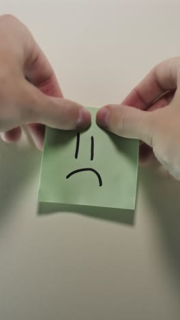 hands posting sad face sticky note on light wall, evoking disappointment