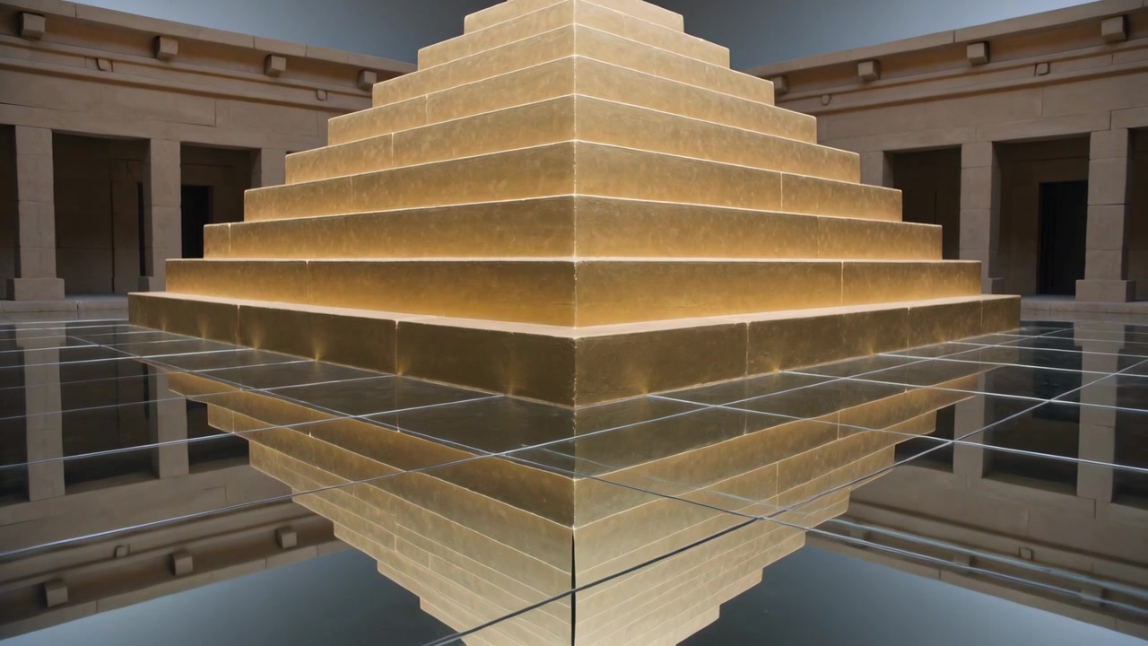 Telecamera che si avvicina e si abbassa, mostrando una piramide a gradoni illuminata in una galleria, rivelando una griglia a specchio