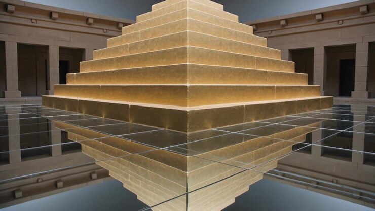 Moving camera closer and lowering, showing lit stepped pyramid in gallery, revealing mirrored grid