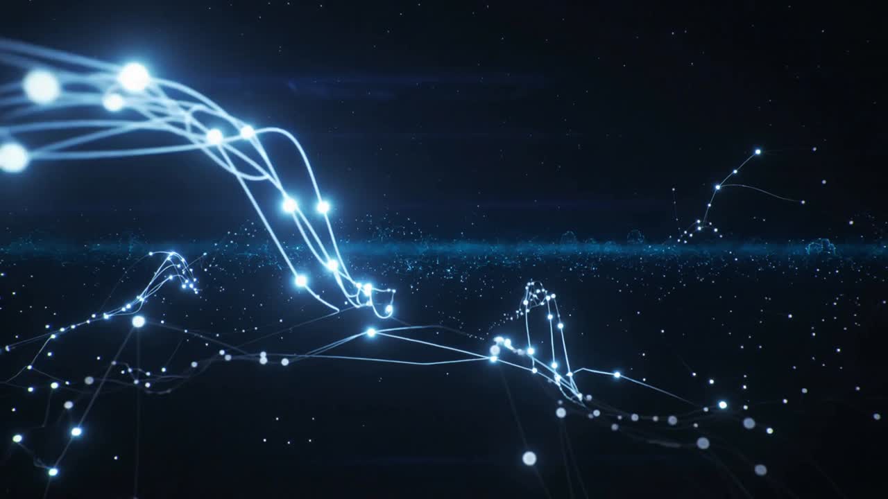 Rising left glowing node strands forming bright network above horizon band, building bright core