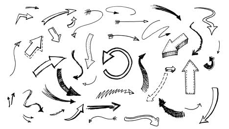 animation of handdrawn or engraved arrows. different objects on white background sketch, doodle style. right, left, up down