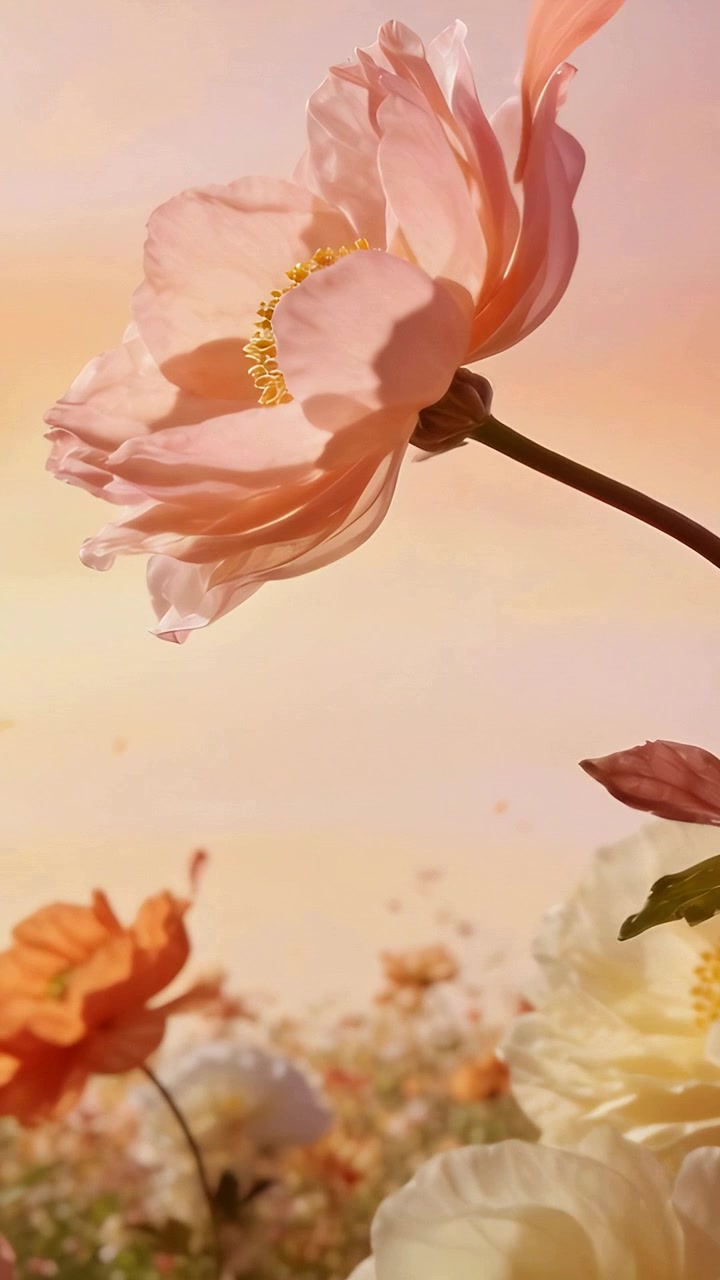Video verticale: Grande fiore rosa che ondeggia con vento leggero, perdendo petali su un campo al tramonto, bokeh.