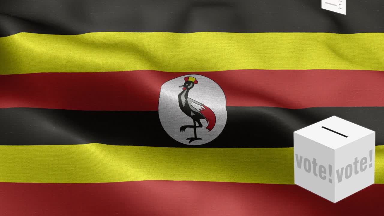 Schede elettorali volano nell'urna per le elezioni in Uganda - Urna elettorale davanti alla bandiera