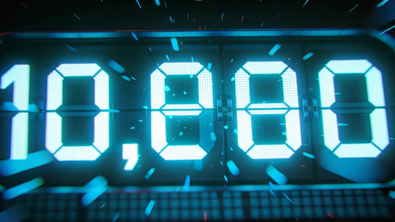 Animating cyan 7-segment display updating digits on frame-change with grid, emitting particles