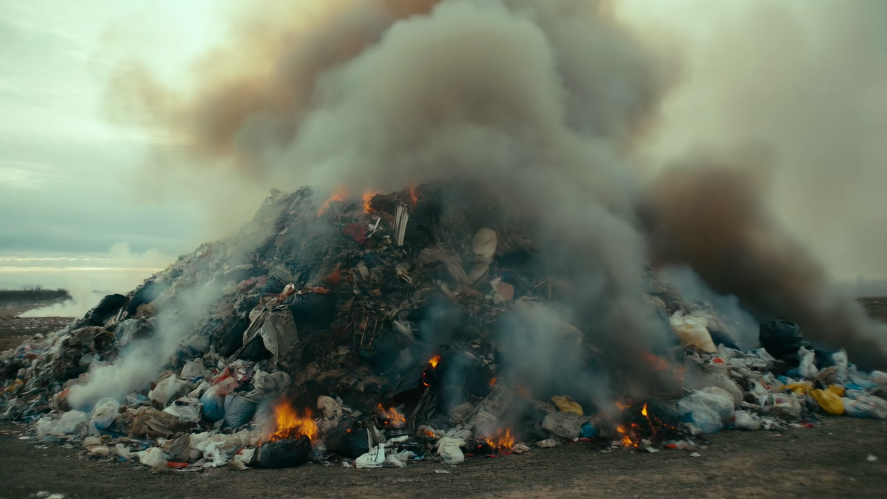 Large Pile of Burning Trash Emitting Thick Smoke at a Landfill