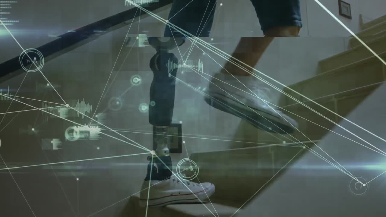 Animation of data processing with a person with prosthetic leg in background
