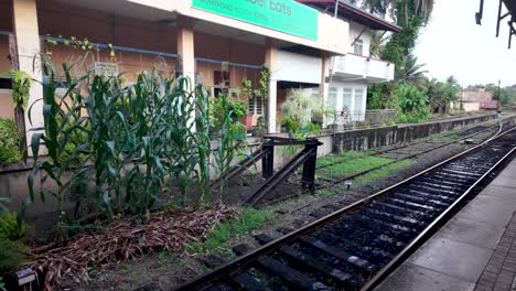 view of the kandy railway station platform in sri lanka, featuring railway tracks, concrete sleepers, and an empty platform. pan right
