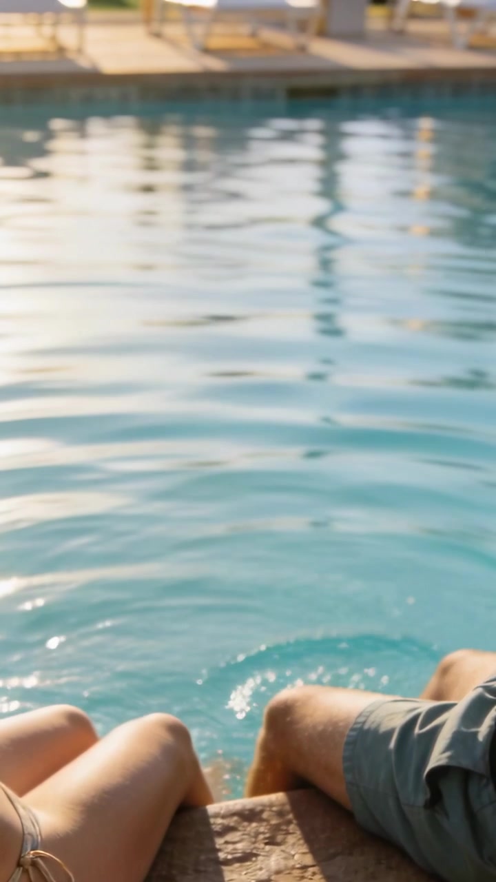 Vertical video: Kicking couple at pool coping, making ripples while relaxing, bikini, green trunks