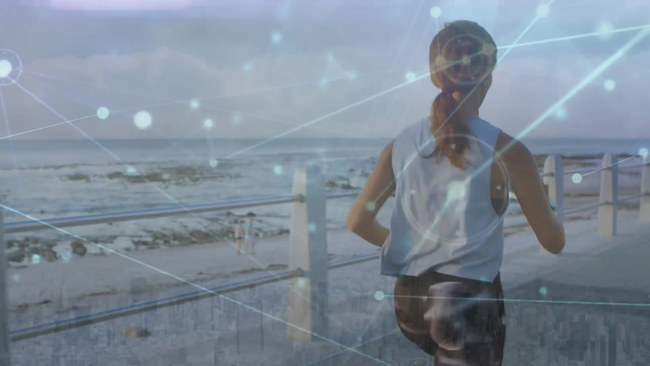 animación de la red de conexiones sobre la mujer afroamericana corriendo