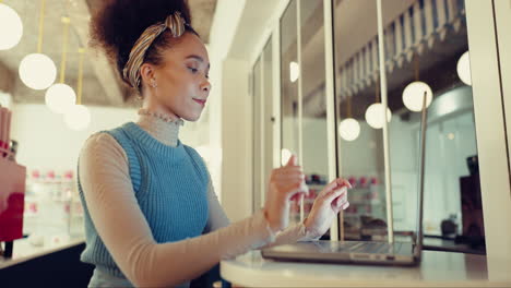 thinking, night and woman with laptop at a cafe