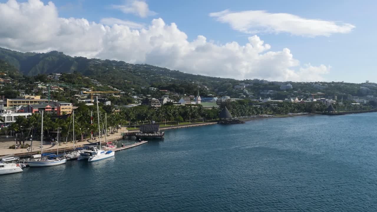 Nanuu Bay and the small boat marina in Papeete, Tahiti, French Polynesia. Papeete cityscape.