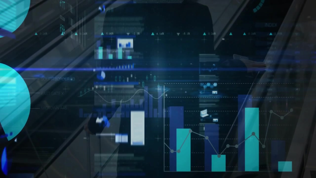 Displaying digital graphs and charts, animation showing data analysis on interface